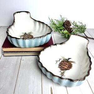 (2) Tahoe by Gabriel Bon Bon Bowl 1-Handle Pinecone Ruffled Brown Edge Blue USA
